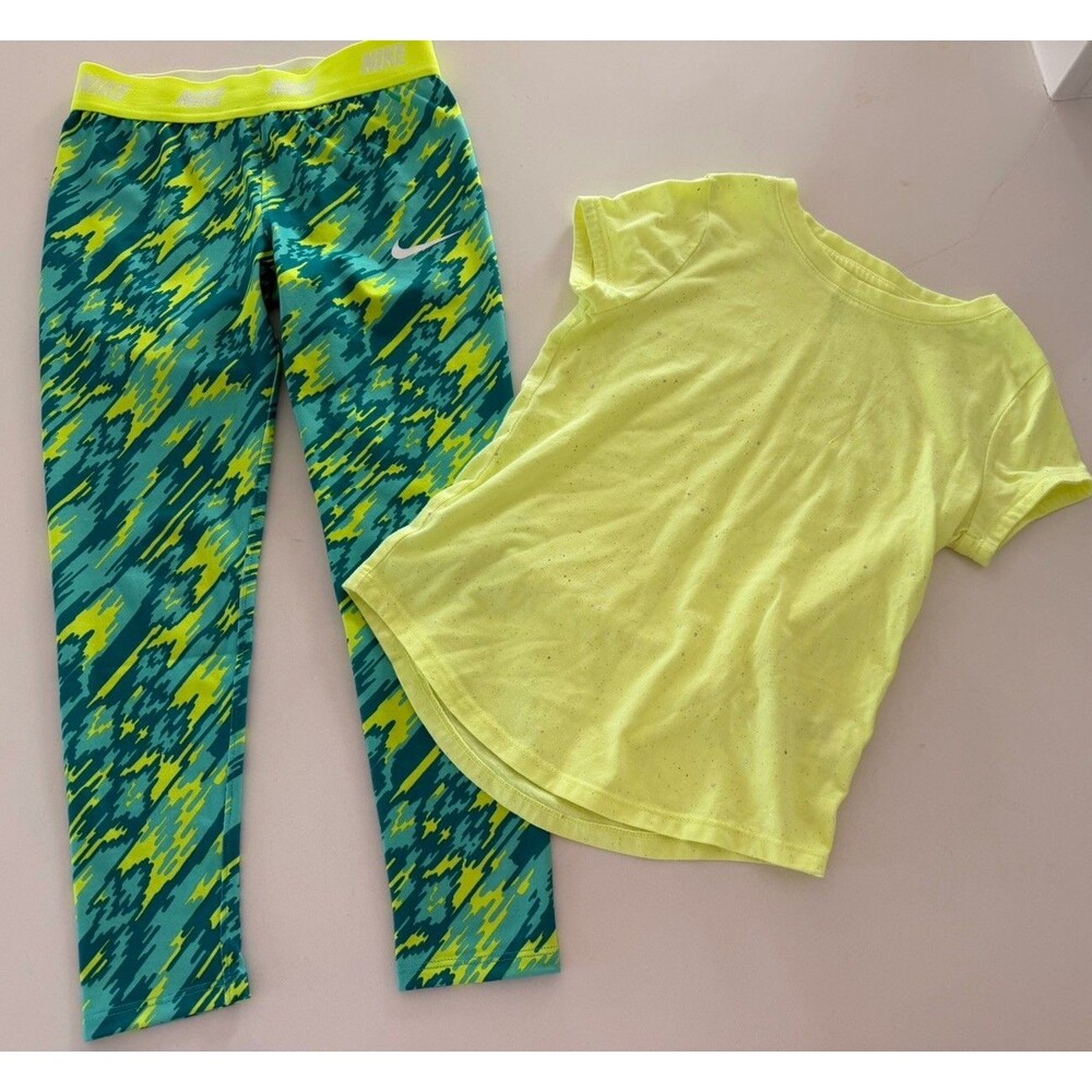 Nike Girls DRI FIT Green And Neon Yellow Leggings Full Length Size 6x NWOT